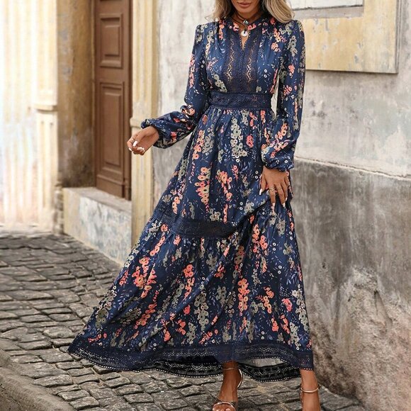 Multicolor Boho Women's Lace Splice Long Sleeve Cinched Waist maxi dress - Picture 4 of 7